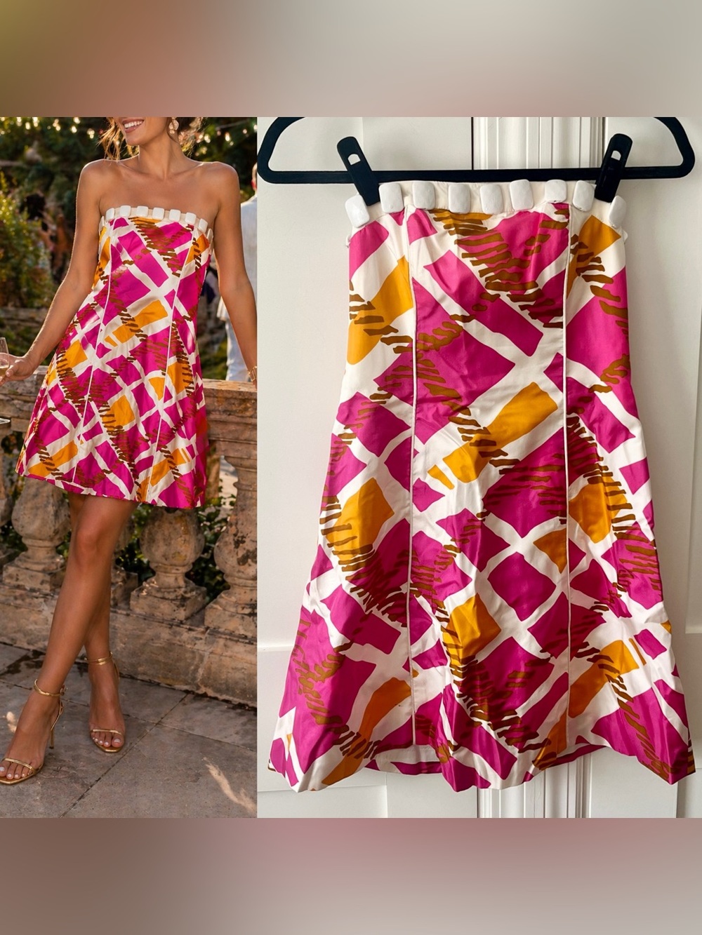 Badgley Mischka Strapless Stone Trim Abstract Print Cocktail Dress Pink Sz XS
